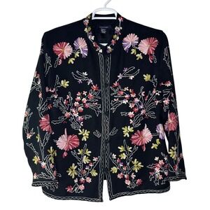 Boston Proper Jacket Women's Medium Wool Black Embroidered‎ Floral Button Up GUC